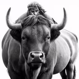 a woman riding on the back of a large cow