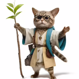 a cute cat wearing an outfit holding a small green plant