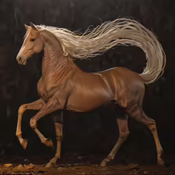 an brown horse with blonde hair running through the snow