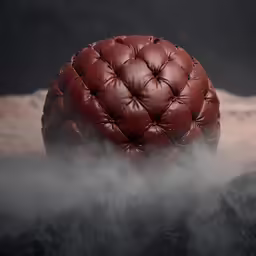 a red ball sitting on top of a foggy table