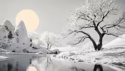 a painting of a tree near water on snowy hillside
