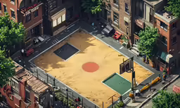 an overhead shot of an athletic court with benches and tables
