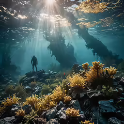 an underwater photograph of a man walking