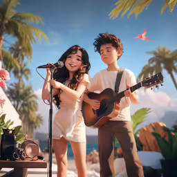 two cartoon children stand on the stage playing music