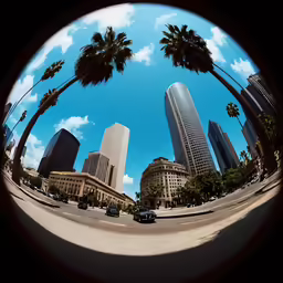 three buildings in the city with palm trees seen through an image of a fish eye lens
