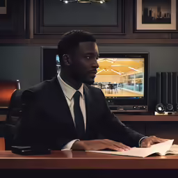 black man in a suit sitting at desk working on paperwork