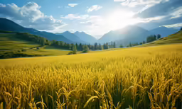 the sun shines brightly in the sky over a field