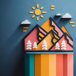 the colorful illustration shows mountains and trees against a blue wall