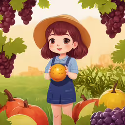a little girl in the middle of some grapes,a small girl standing near fruit by herself