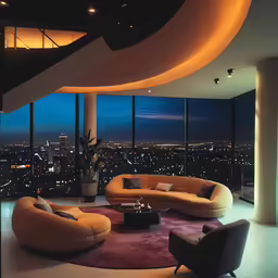 a very fancy living room with a view at dusk