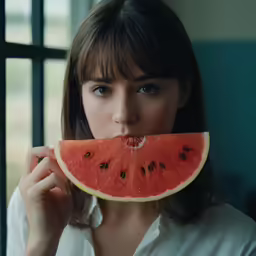 a woman holding up a piece of sliced watermelon