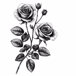 a rose is drawn in black and white with leaves on it