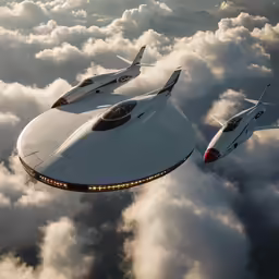 two white aircrafts flying above the clouds together