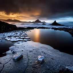 an icy bay is covered in snow as the sun begins to rise