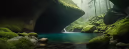 a view of a stream and a waterfall with moss growing on the rocks