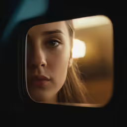 a young girl is looking at herself in a side view mirror