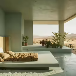 a bed sitting on top of a white floor next to an open window