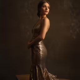 a woman posing in a gold dress