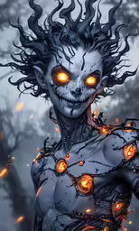 a creepy woman with glowing eyes wearing headphones
