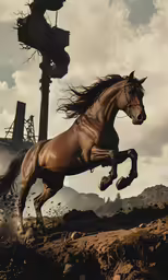 a horse that is flying above some dirt