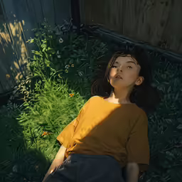 a small child lies down outside by some plants