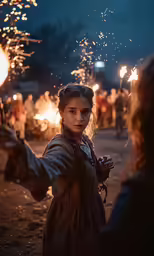 a girl holding fire wands while looking at another person