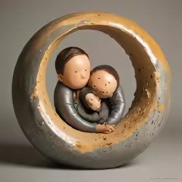 a couple figurines hugging in a grey circular