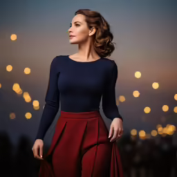 woman wearing long sleeved navy blue and red dress