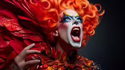a woman wearing red hair and makeup is making a silly face,a woman with red hair and red make - up