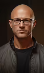 a male in a black shirt and glasses