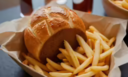 a hot dog with a bun with some fries