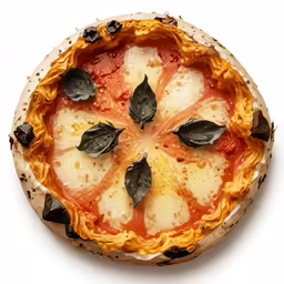a pizza that has been cut into halves with leaves and herbs
