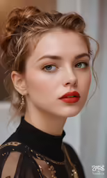 a beautiful woman wearing red lipstick and gold jewelry