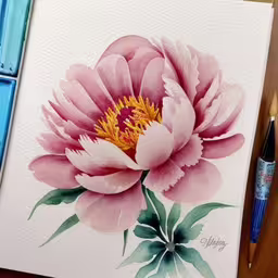 an art work with two different color paints on it,watercolor painting of a pink flower with green leaves