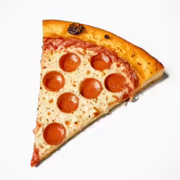 a pizza slice with pepperoni slices on it