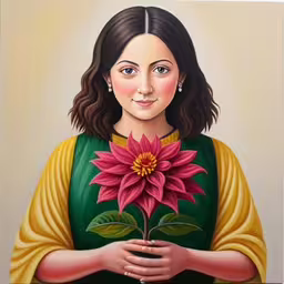 a woman with a flower on her hand holding out her hand,there is a painting of a woman holding a flower