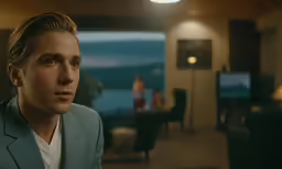 a man sitting in a living room with a beautiful view