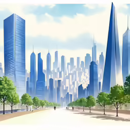 an abstract view of a city street with tall buildings