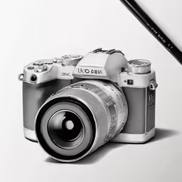 a black and white photo of a camera next to a brown pencil