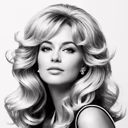 a black and white photo of a blonde woman with very long curls
