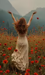 a woman standing in a field full of red flowers