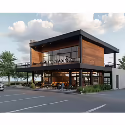 a building that has some tables and chairs outside
