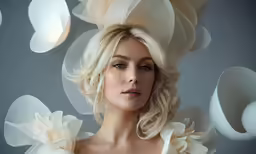 a woman posing with flowers in her hair