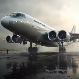 an air plane landing on a runway with smoke and clouds behind it