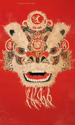 an asian mask on a red background