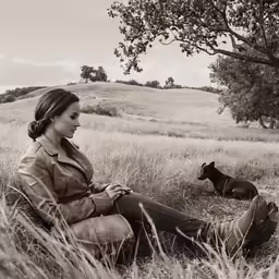 the woman and the dog sit in a field