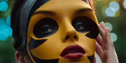 a woman with bright yellow face and black make up