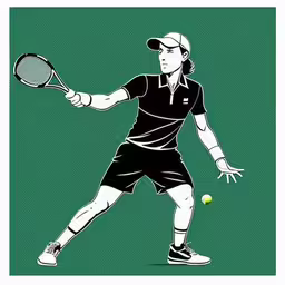 a stylized image of a tennis player,a man standing on top of a tennis court holding a racquet,a man in tennis gear swinging a tennis racket,a man is swinging at a tennis ball with a racket,tennis player preparing to hit the ball