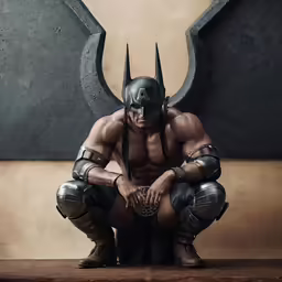 a man dressed as a devil squats on a shelf