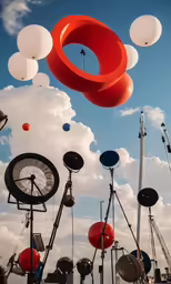 various lights and radio antennae under a cloudy blue sky